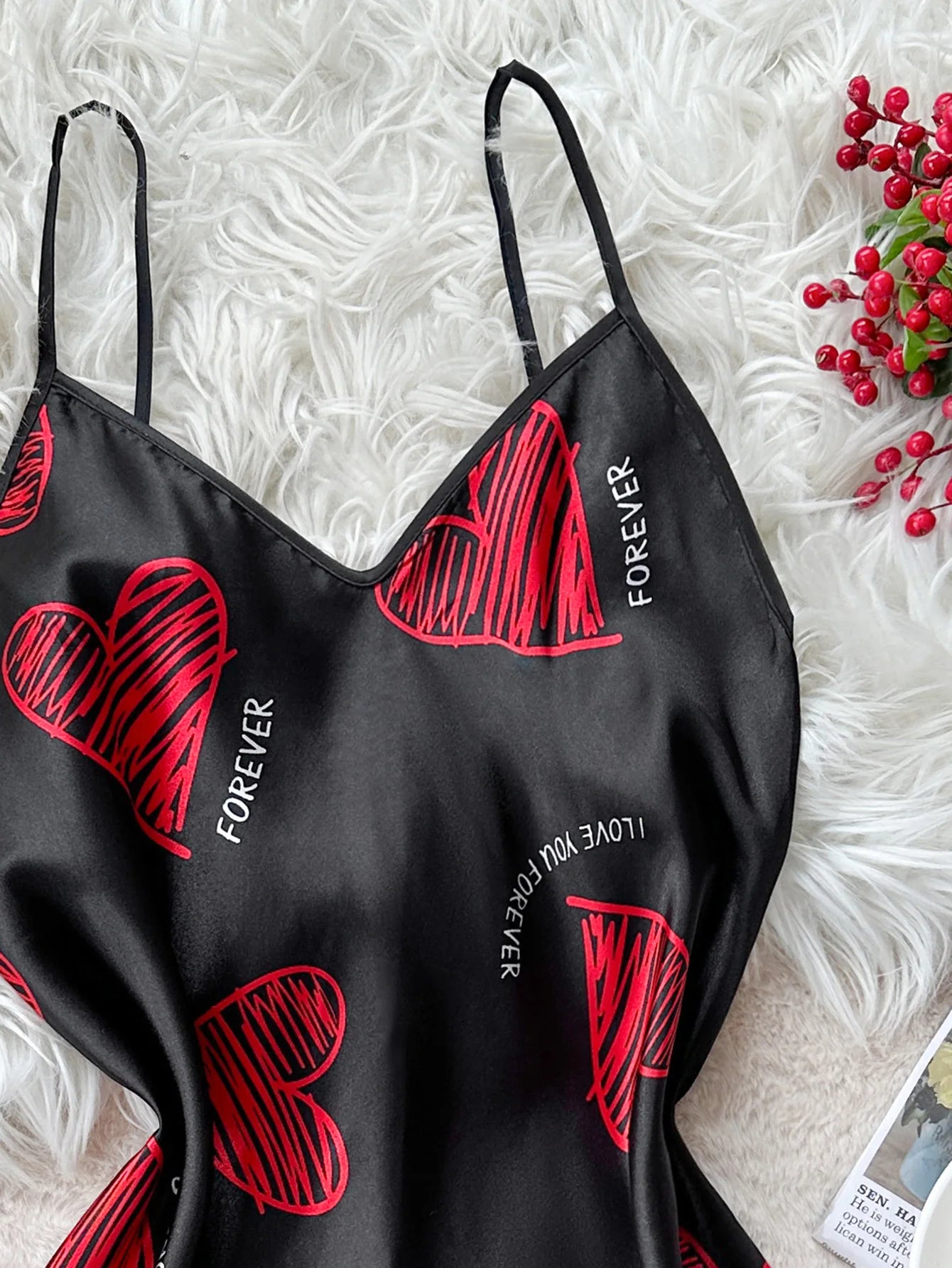 Romantic Red Lip Print Satin Nightdress – Sexy V-Neck Backless Sleepwear