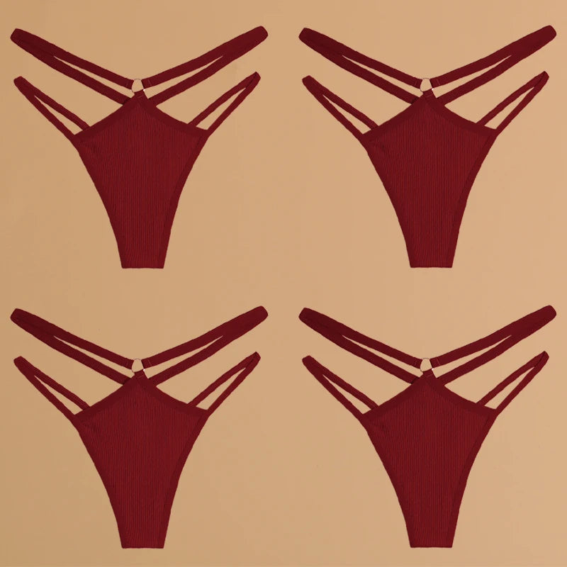 4Pcs Double Belt Thongs Panty Set – Cotton , Low Waist, Breathable Comfort Underwear For Women