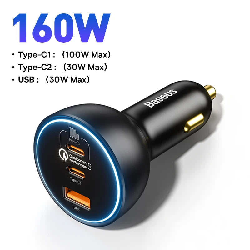 Baseus 160W Fast Car Charger QC 5.0 PD3.0 PPS Type-C Adapter for iPhone 13-15 Pro & Laptops