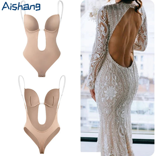 Deep V-Neck Backless Bodysuit – Push-Up Slimming Shapewear for Women