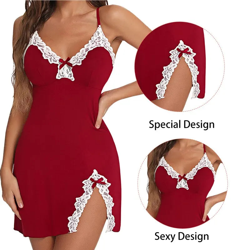 Romantic Lace-Trimmed Satin V-Neck Nightdress – Deep V-Neck Sleepwear