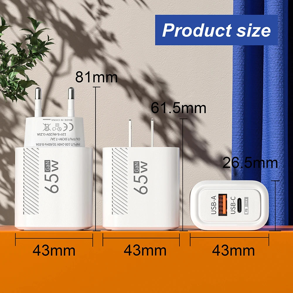65W GaN USB C Fast Charger – Quick Charge Adapter for iPhone, Samsung, Xiaomi (EU/US Plug)