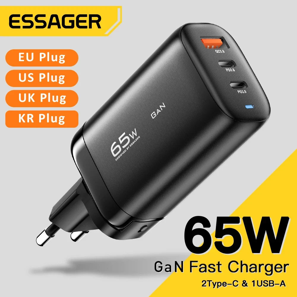 Essager 65W GaN USB C Fast Charger 3-Port Wall Charger Block For MacBook, iPad, iPhone Series, Galaxy Series, Laptops, Game Consoles and More