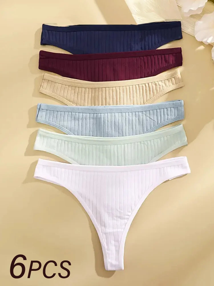 6PCS Low-Rise Thong Set – Soft, Ribbed, G-String Cotton Underwear