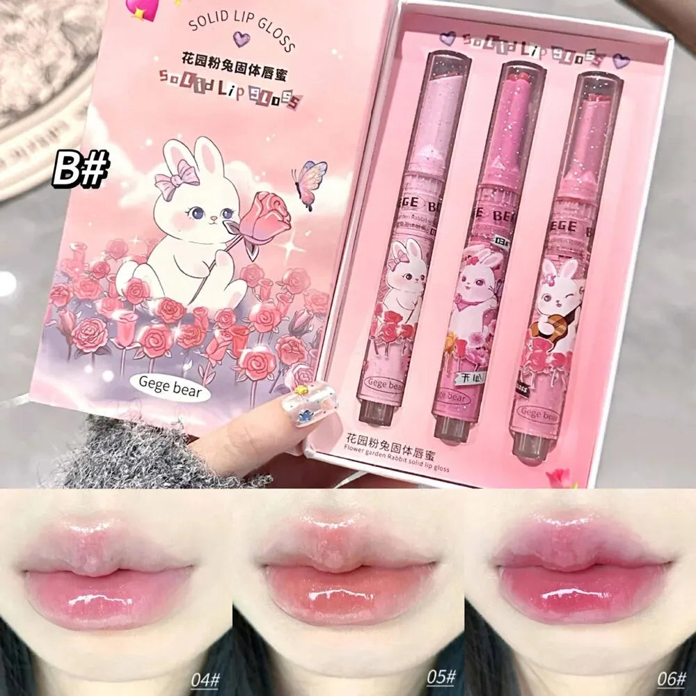π°π Gege Bear Pink Rabbit Solid Lip Gloss 3pc Set  β Hydrating & Tender Lip Balm for Soft Lips