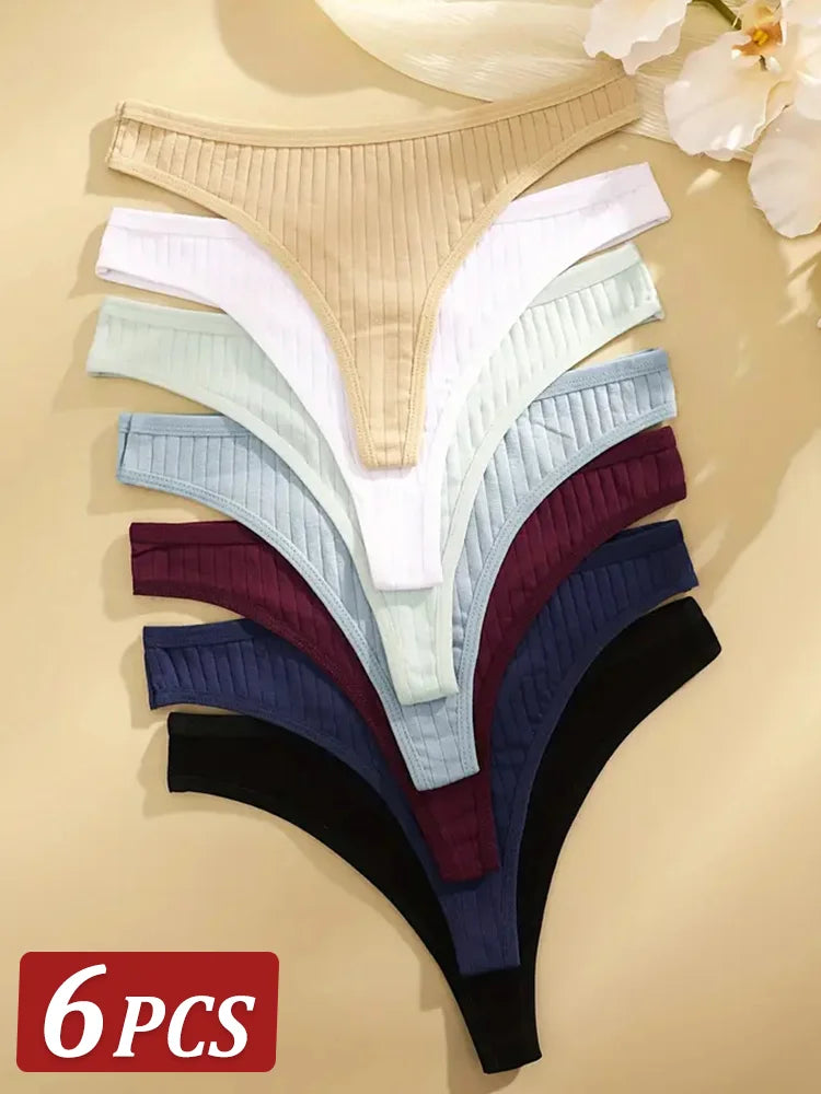 6PCS Low-Rise Thong Set – Soft, Ribbed, G-String Cotton Underwear