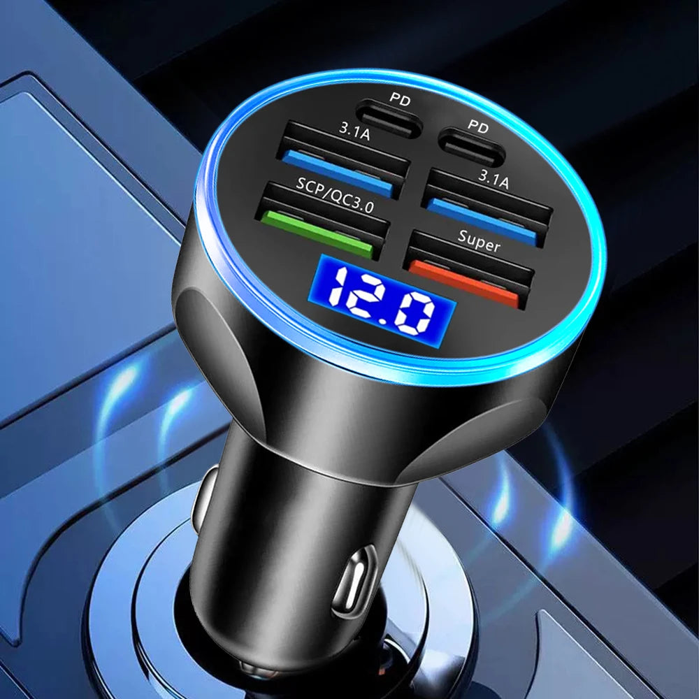 250W PD Car Charger with QC3.0 Fast Charge – 2 to 6 Port Lighter Adapter with Digital Display