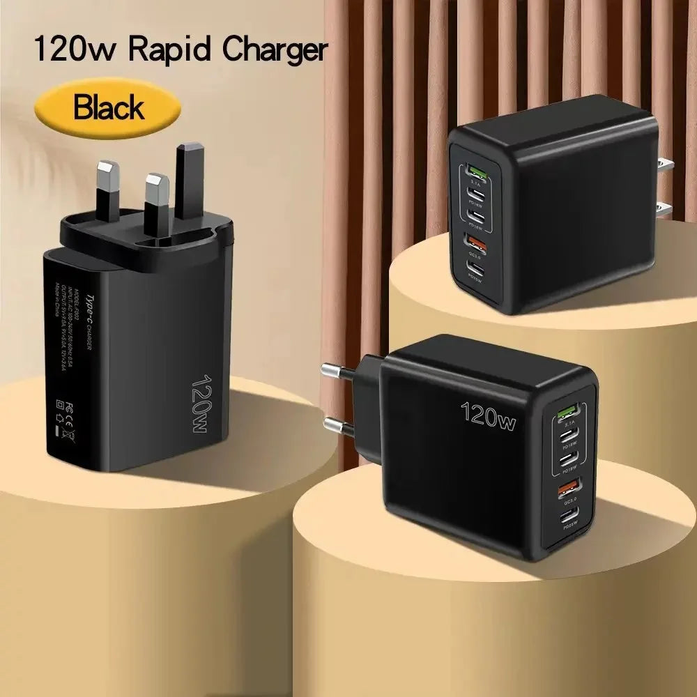 Type-C 120W USB Wall Charger 5 Ports Fast Charging Adapter | Rapid Charging for iPhone, Android & More
