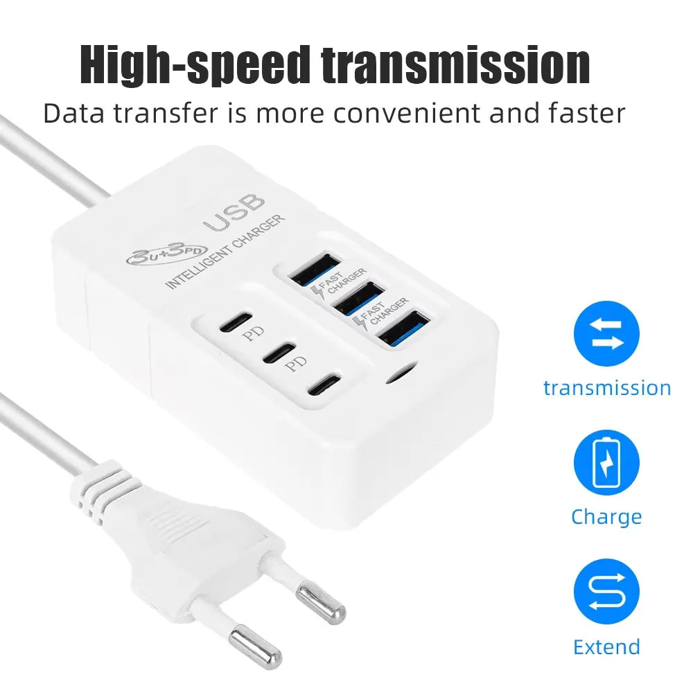 6-in-1 USB Wall Charger | 35W PD Fast Charging Hub with Type-C & QC 3.0 Ports