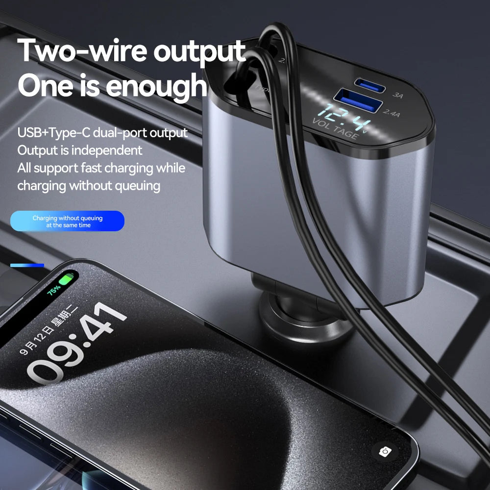 100W 4-in-1 Retractable Car Charger – Fast USB Type-C Cable for iPhone & Samsung