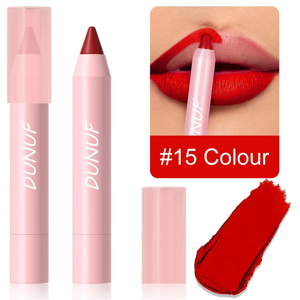 18-Color Waterproof Lipstick Pencil – Matte, Long-Lasting & Non-Stick Cup