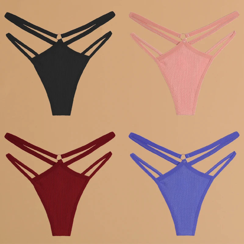 4Pcs Double Belt Thongs Panty Set – Cotton , Low Waist, Breathable Comfort Underwear For Women