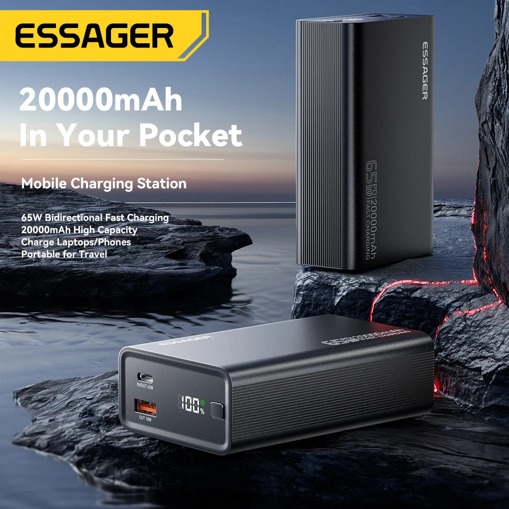 Essager 20000mAh Power Bank 65W PD Fast Charging for Phone, Laptop & Tablet