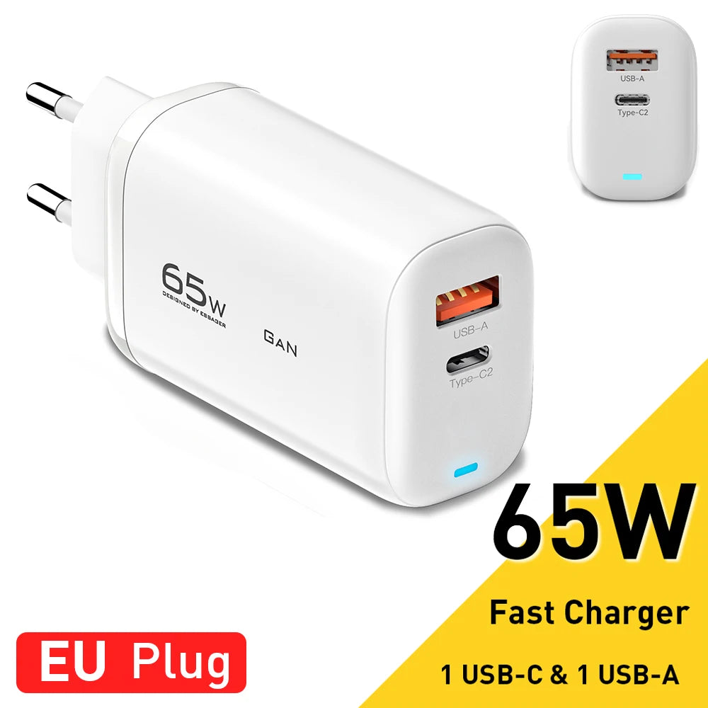 Essager 65W GaN USB C Fast Charger 3-Port Wall Charger Block For MacBook, iPad, iPhone Series, Galaxy Series, Laptops, Game Consoles and More