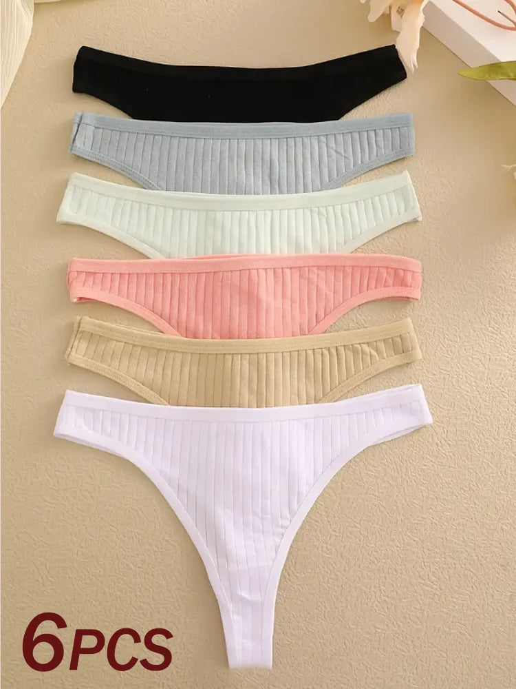 6PCS Low-Rise Thong Set – Soft, Ribbed, G-String Cotton Underwear