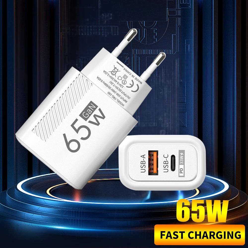 65W GaN USB C Fast Charger – Quick Charge Adapter for iPhone, Samsung, Xiaomi (EU/US Plug)
