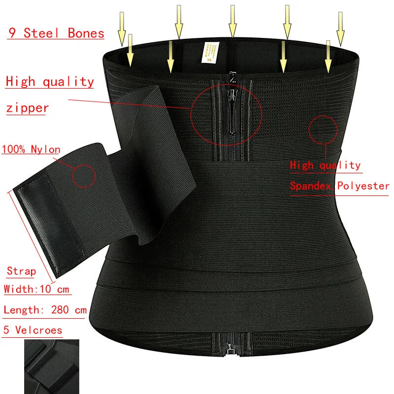 9 Steel Bones Waist Trainer – Snatch Me Up Wrap for Tummy Control & Slimming