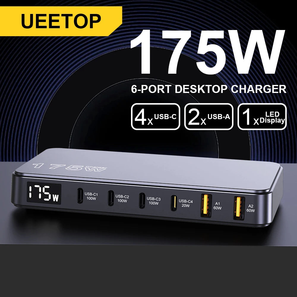 Ueetop 175W GaN USB-C Charger with LED Display – 6-Port PD Fast Charging Hub for MacBook, iPhone, Samsung , Laptop, Tablet and All Devices