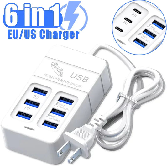 6-in-1 USB Wall Charger | 35W PD Fast Charging Hub with Type-C & QC 3.0 Ports