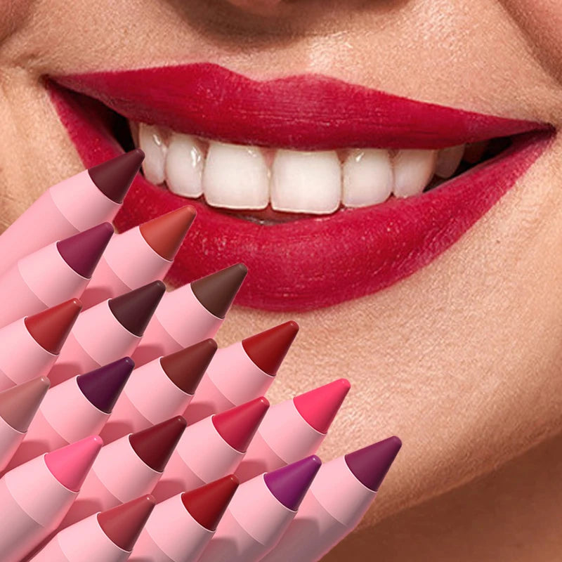 18-Color Waterproof Lipstick Pencil – Matte, Long-Lasting & Non-Stick Cup