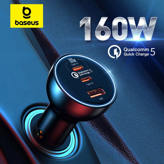 Baseus 160W Fast Car Charger QC 5.0 PD3.0 PPS Type-C Adapter for iPhone 13-15 Pro & Laptops