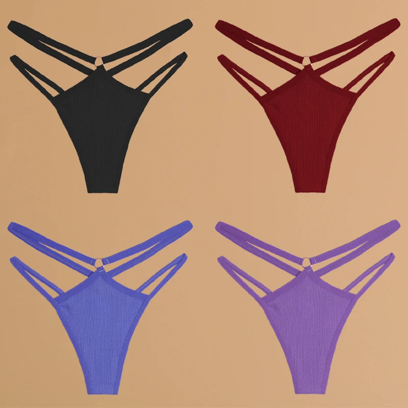 4Pcs Double Belt Thongs Panty Set – Cotton , Low Waist, Breathable Comfort Underwear For Women