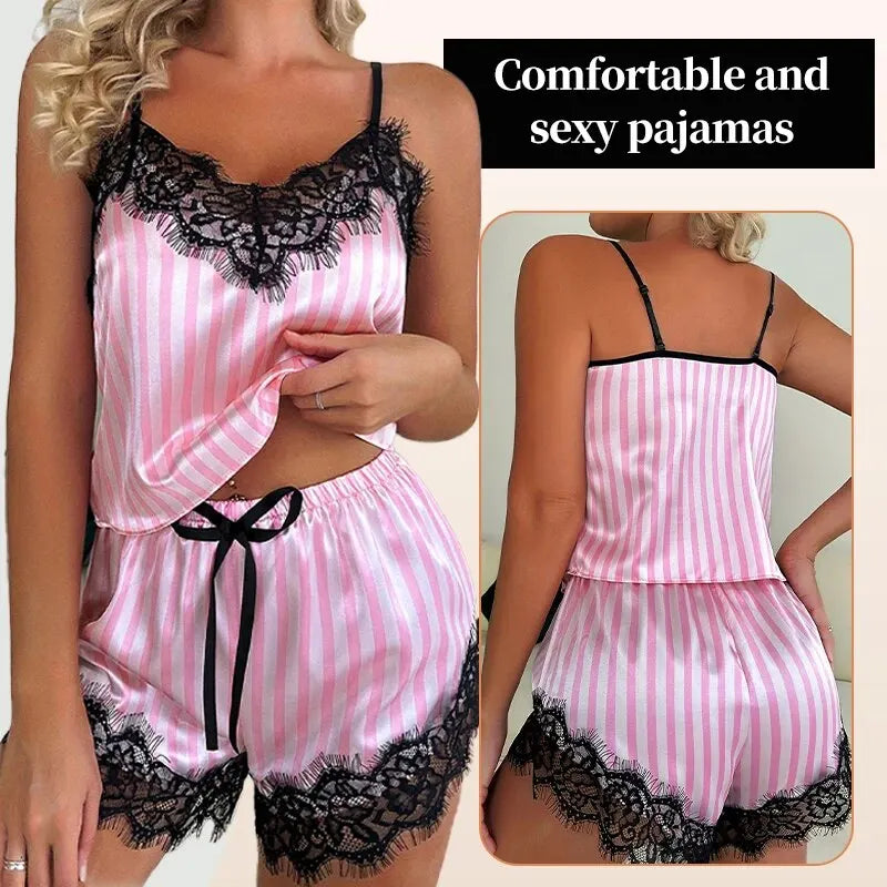 Elegant Lace V-Neck Pajama Set – Camisole Top and Shorts Sleepwear