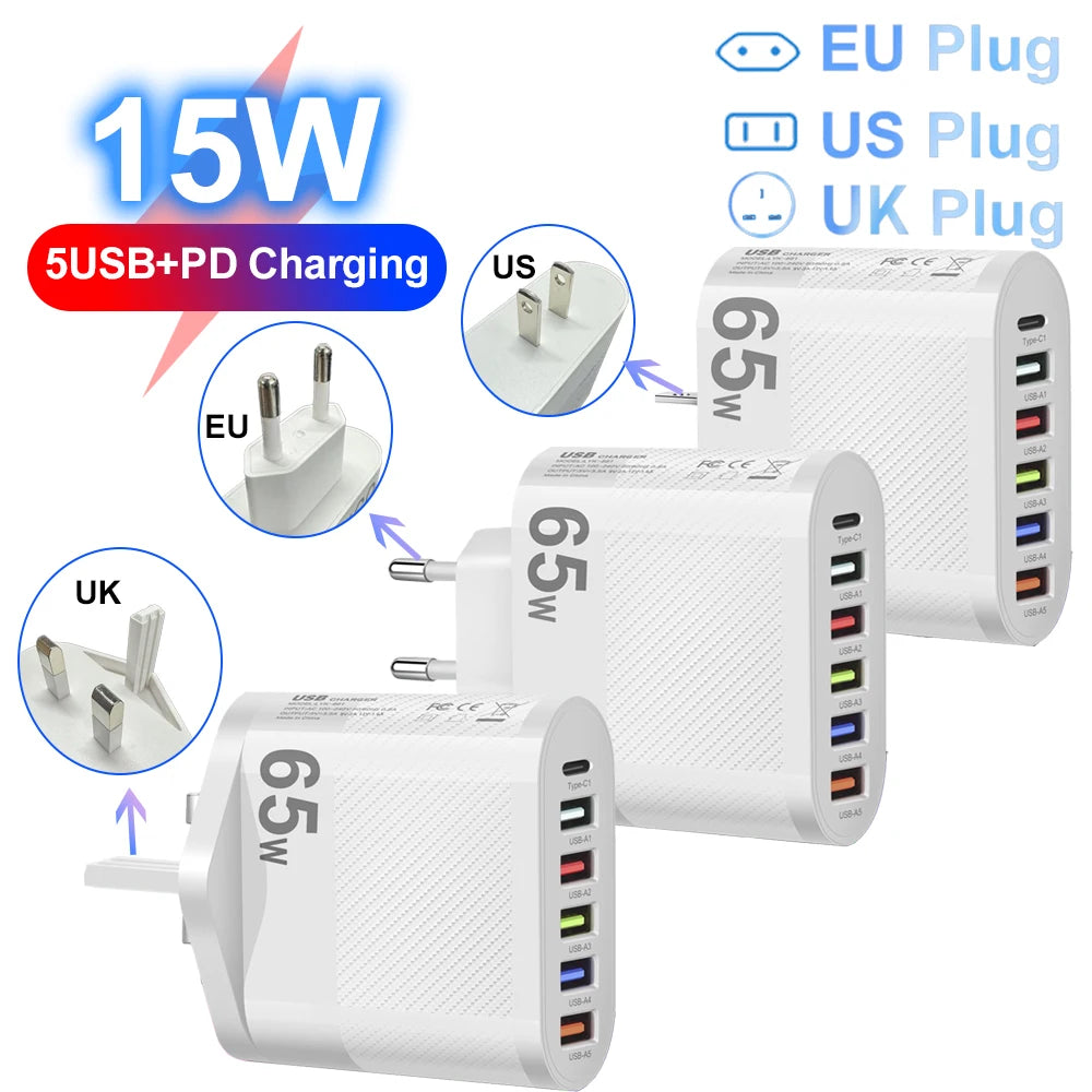 5-Port 3.1A USB Wall Charger QC 3.0 Fast Charging Adapter for iPhone, Xiaomi, Samsung