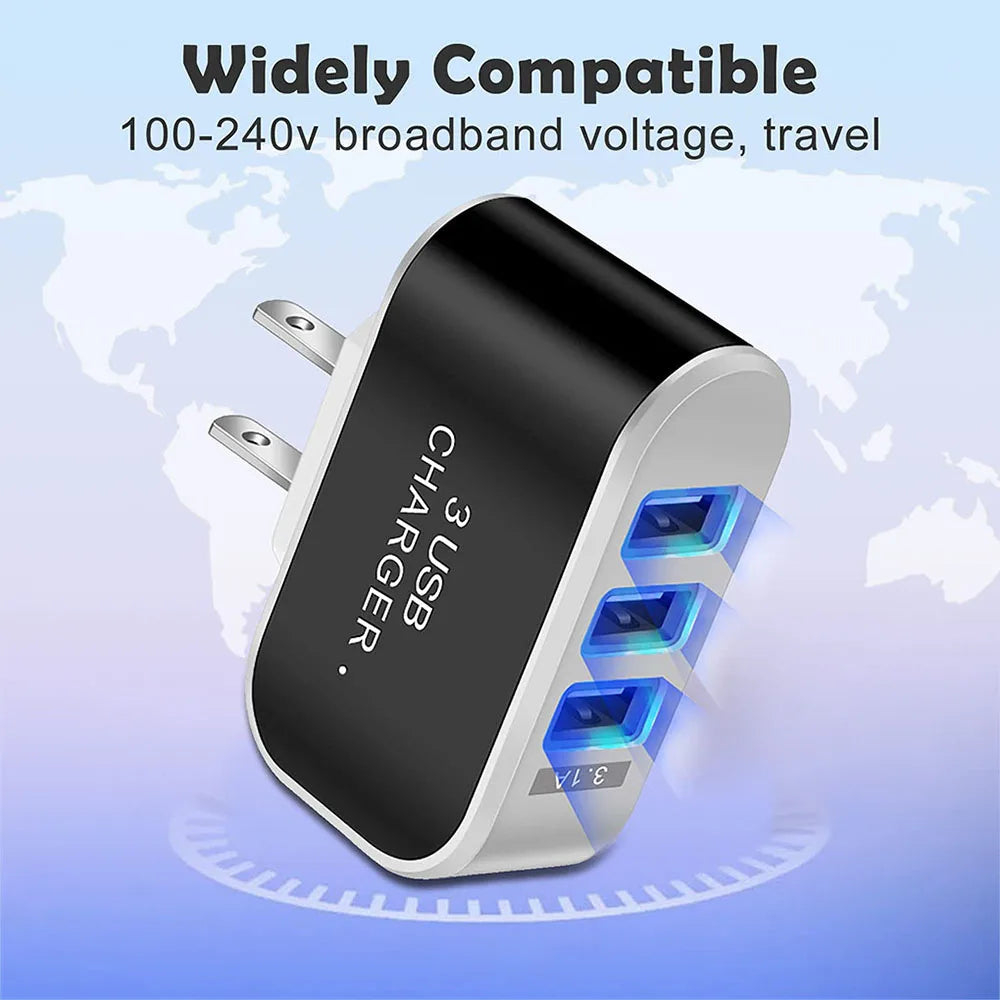3-Port USB LED Travel Charger Adapter β Portable, Fast Charging, Universal for All Phones