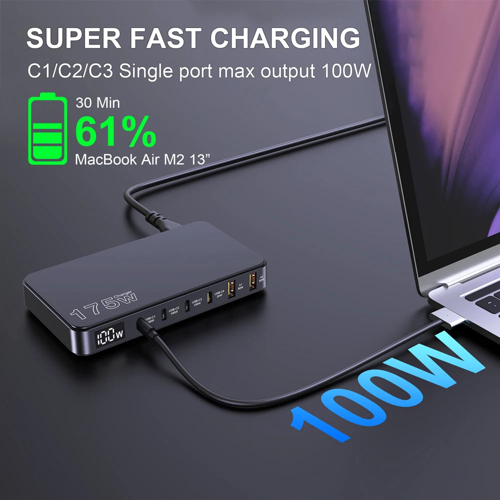 Ueetop 175W GaN USB-C Charger with LED Display – 6-Port PD Fast Charging Hub for MacBook, iPhone, Samsung , Laptop, Tablet and All Devices