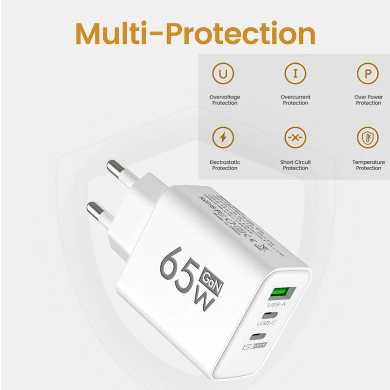65W GaN Fast Charger USB-C PD 3.0 Quick Charge Adapter for iPhone /Samsung/Xiaomi
