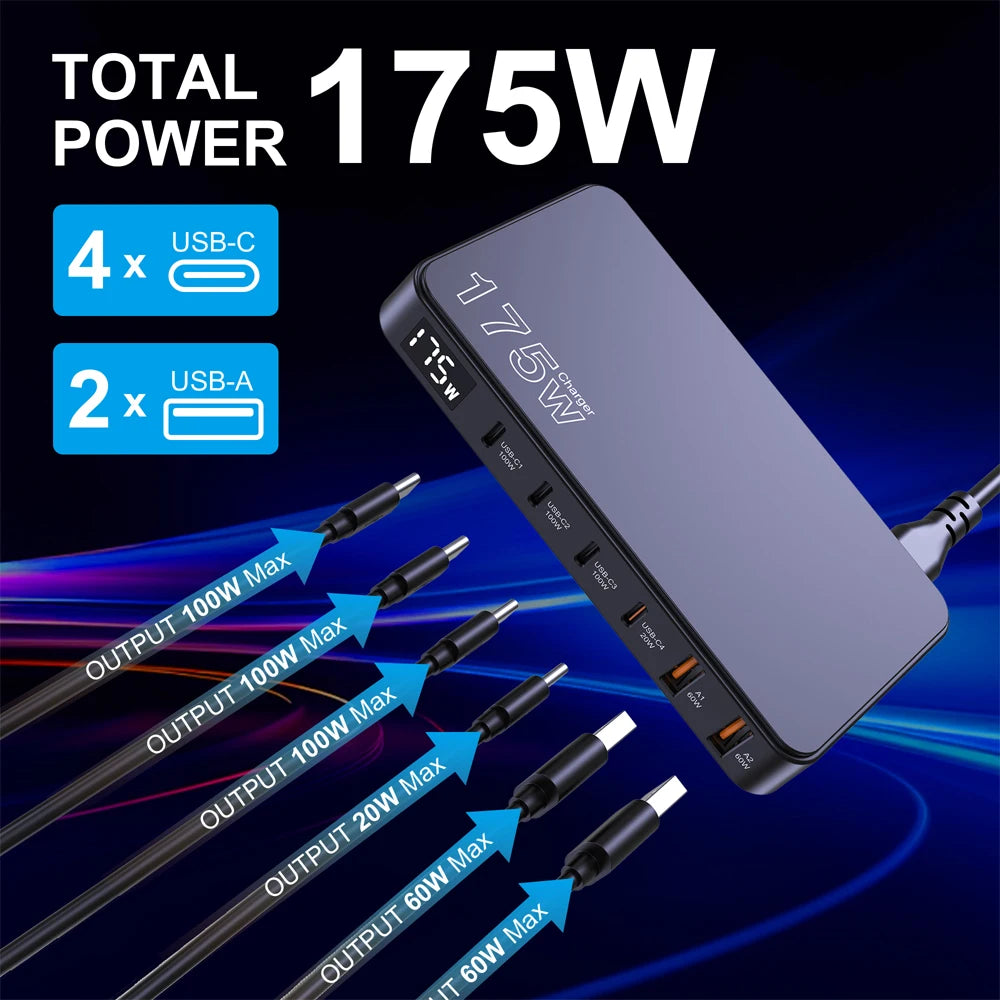 Ueetop 175W GaN USB-C Charger with LED Display – 6-Port PD Fast Charging Hub for MacBook, iPhone, Samsung , Laptop, Tablet and All Devices