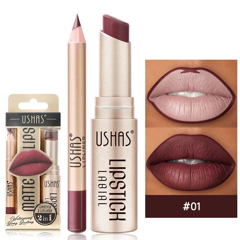 USHAS 12-Color Lip Liner & Lipstick Set – Matte, Long-Lasting & Easy to Apply