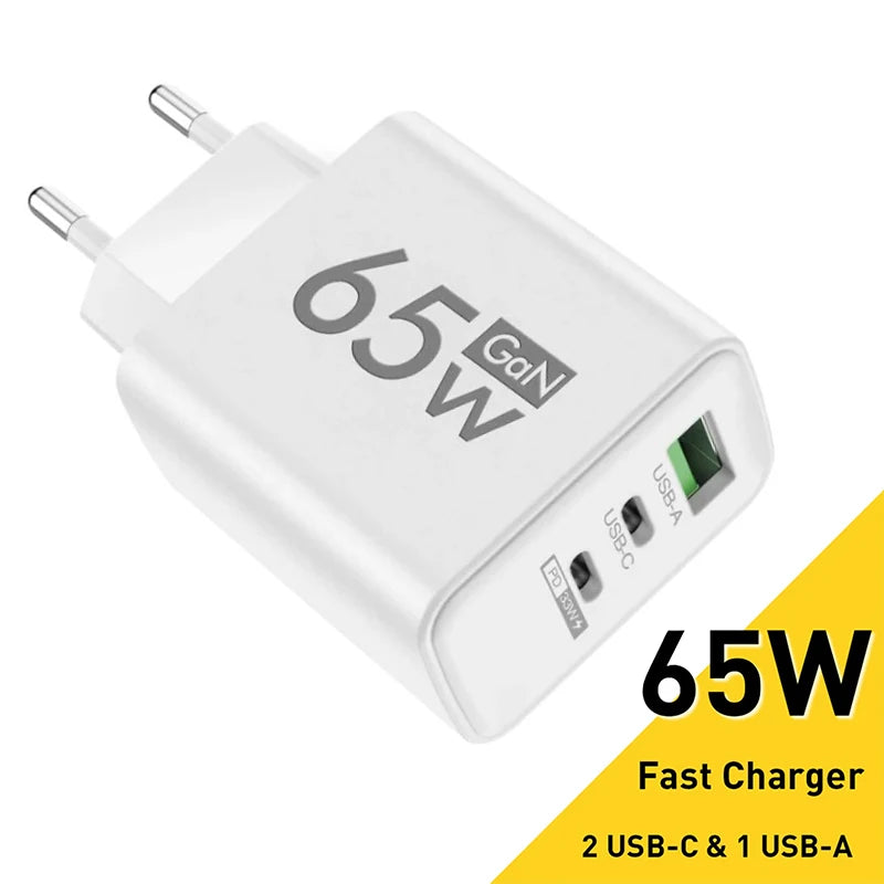 65W GaN Fast Charger USB-C PD 3.0 Quick Charge Adapter for iPhone /Samsung/Xiaomi