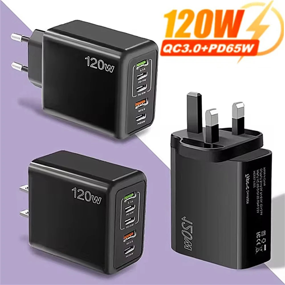 Type-C 120W USB Wall Charger 5 Ports Fast Charging Adapter | Rapid Charging for iPhone, Android & More