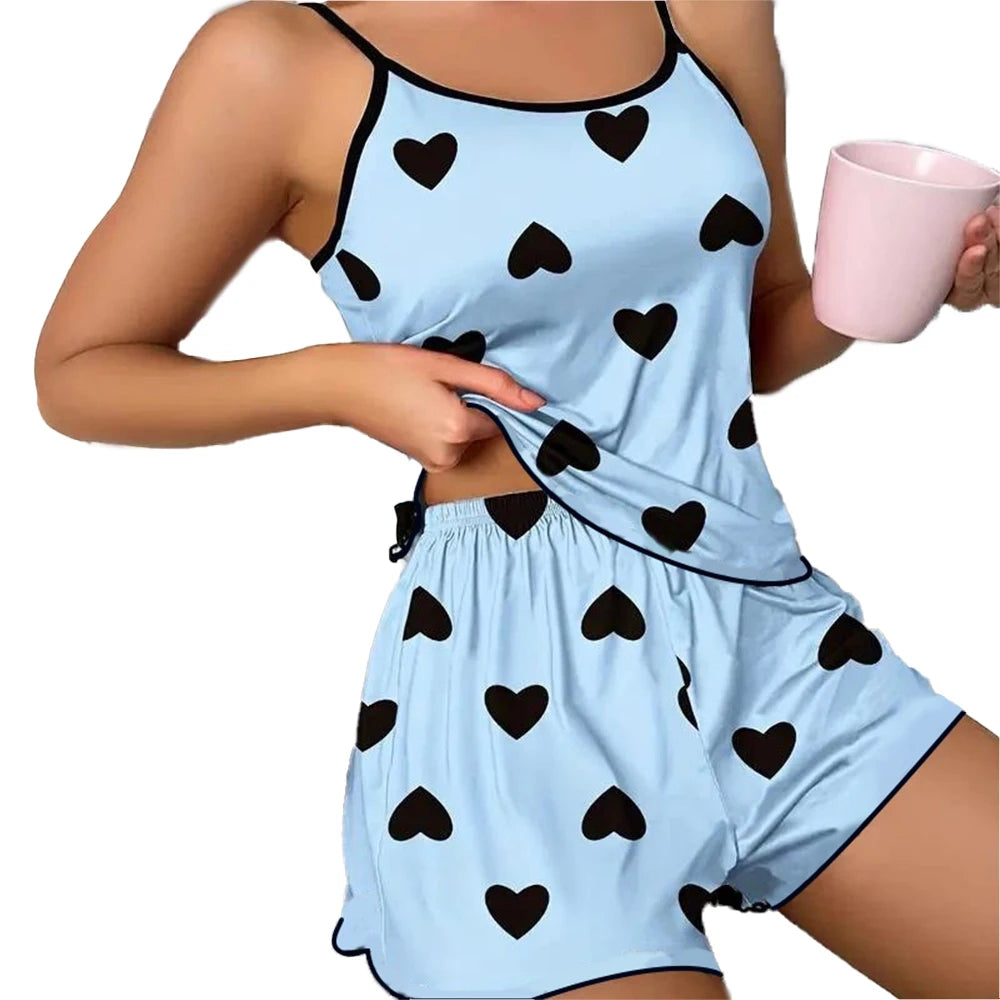 Chic Heart Print T-Shirts Shorts Set – Cool & Comfy Nightwear
