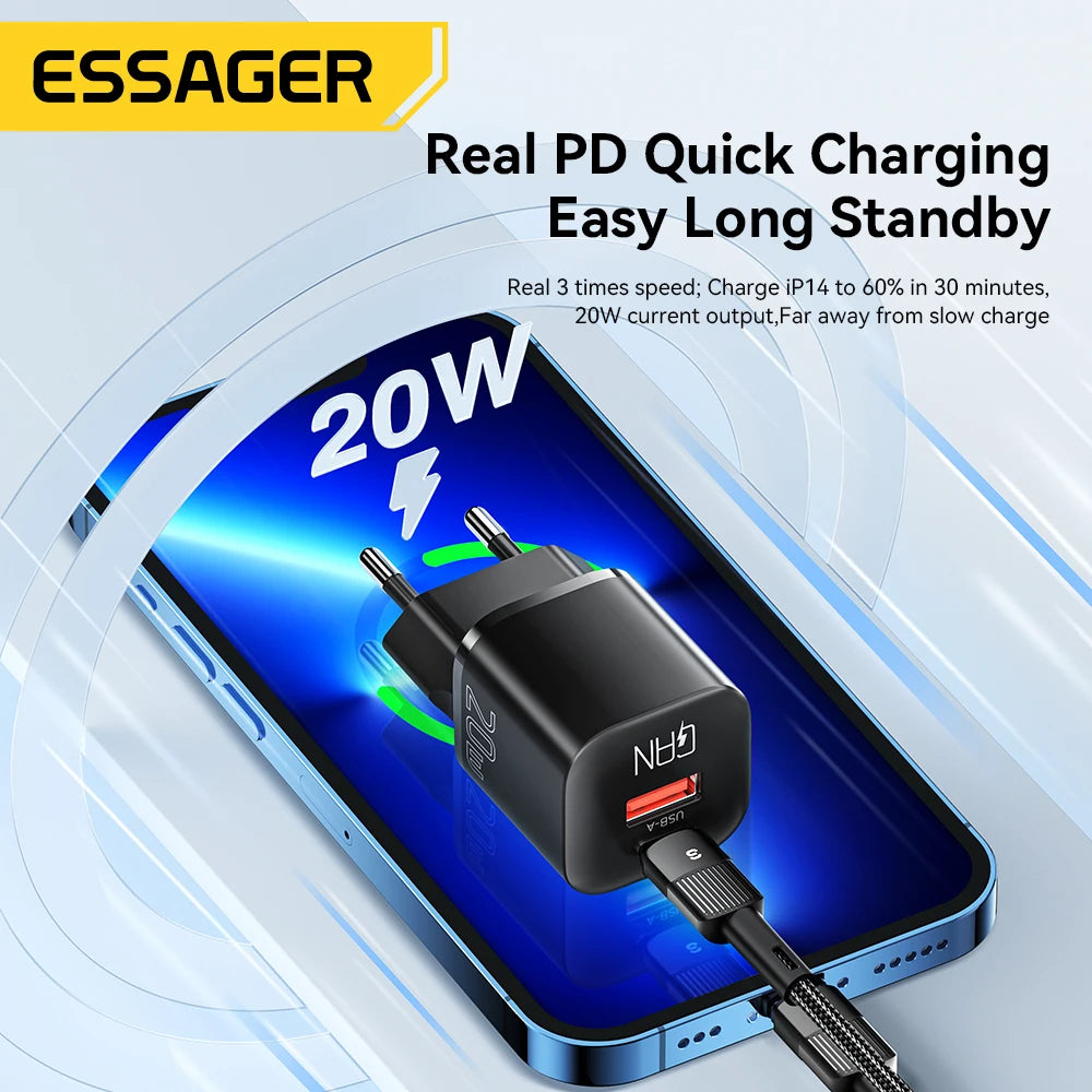 Essager 20W GaN Fast Charger | USB-C PD Quick Charge for iPhone & iPad