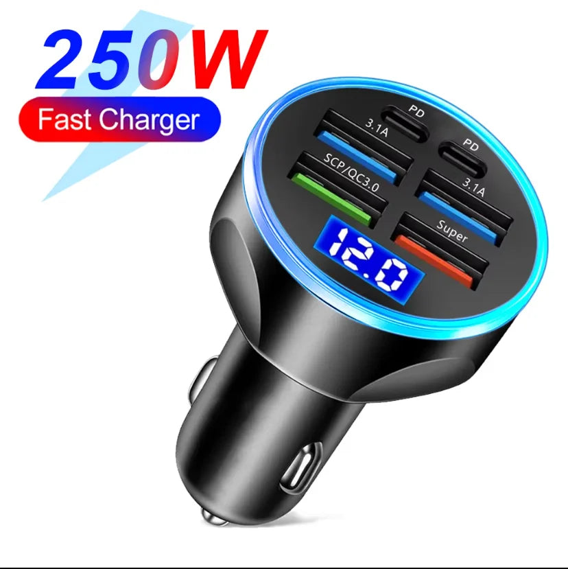 250W PD Car Charger with QC3.0 Fast Charge – 2 to 6 Port Lighter Adapter with Digital Display