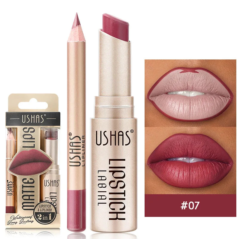 USHAS 12-Color Lip Liner & Lipstick Set – Matte, Long-Lasting & Easy to Apply