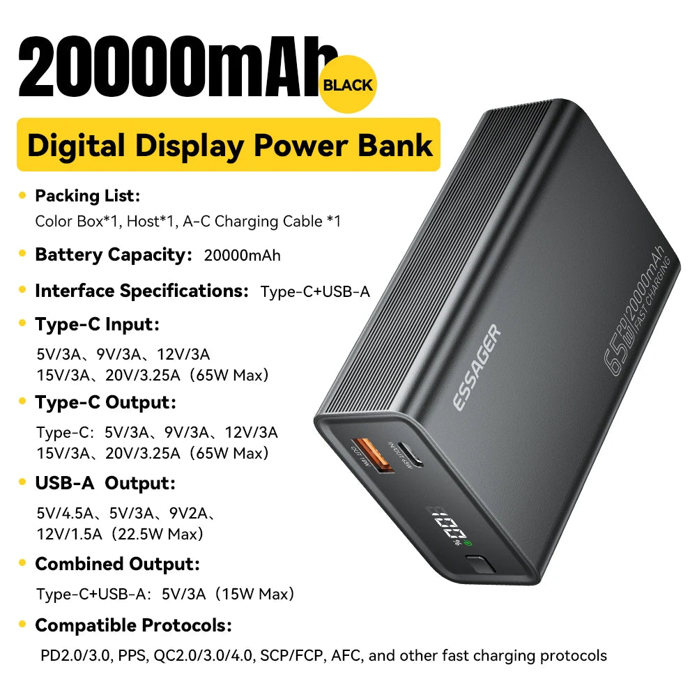 Essager 20000mAh Power Bank 65W PD Fast Charging for Phone, Laptop & Tablet