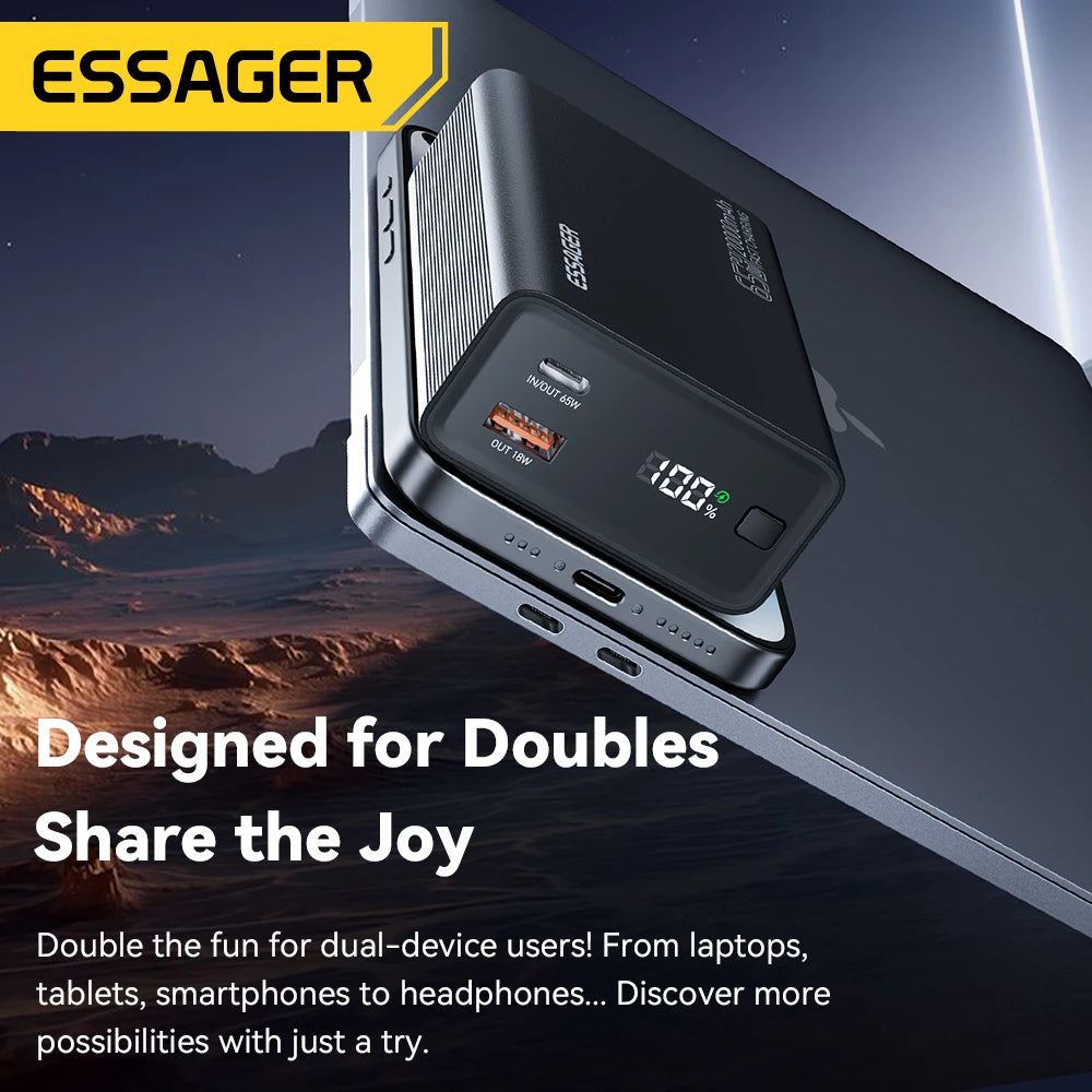 Essager 20000mAh Power Bank 65W PD Fast Charging for Phone, Laptop & Tablet