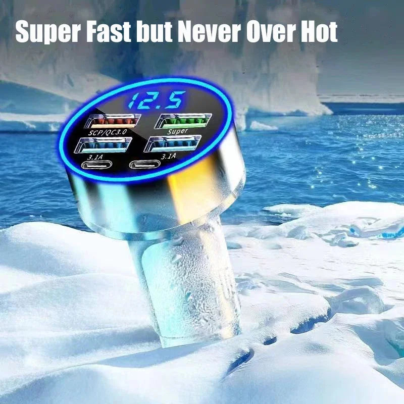 6-in-1 USB-C 350W Super Fast Car Charger with Voltage Display & Dual PD Fast Charging for iPhone/Samsung/More