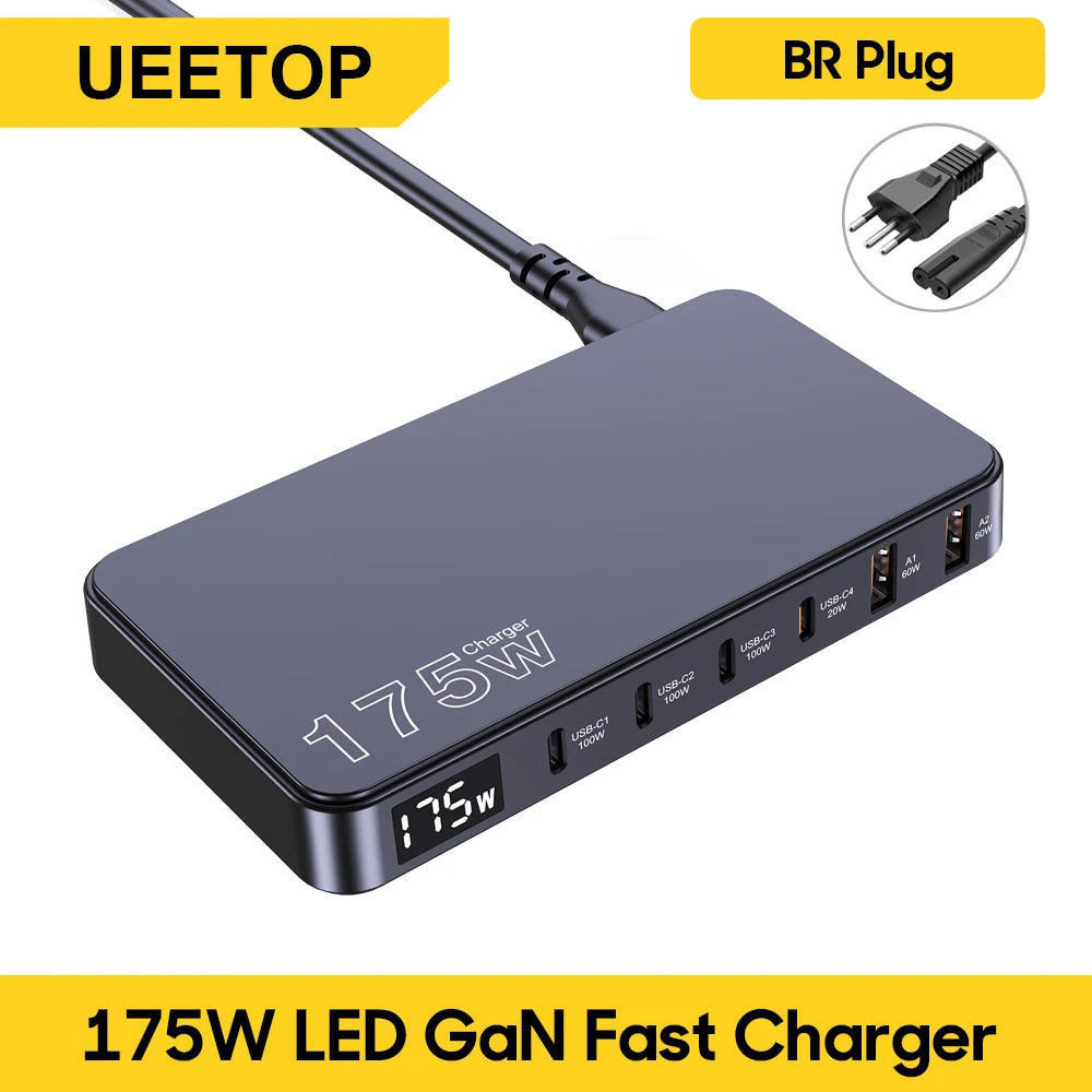 Ueetop 175W GaN USB-C Charger with LED Display – 6-Port PD Fast Charging Hub for MacBook, iPhone, Samsung , Laptop, Tablet and All Devices