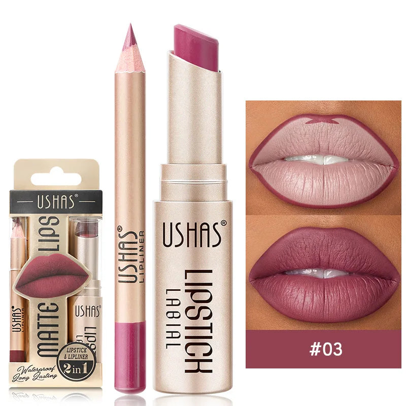 USHAS 12-Color Lip Liner & Lipstick Set – Matte, Long-Lasting & Easy to Apply