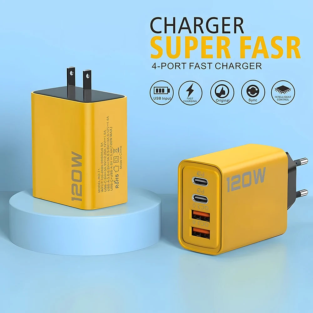 4-Port USB C Fast Charger PD 3.0 Adapter for iPhone, Android & Tablets
