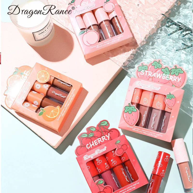 Mini Velvet Matte Lip Gloss 4Pcs Set – Long-Lasting, Non-Stick & Fruit Scented