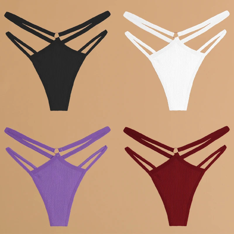 4Pcs Double Belt Thongs Panty Set – Cotton , Low Waist, Breathable Comfort Underwear For Women