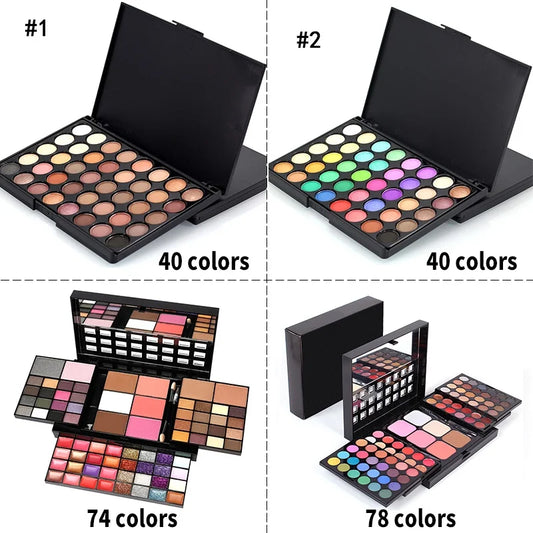 40/74/78 Color Glitter Eyeshadow Palette – Matte & Shimmer Waterproof Long-Lasting Makeup Kit