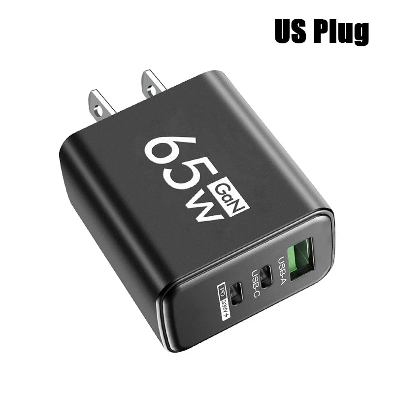 65W GaN Fast Charger USB-C PD 3.0 Quick Charge Adapter for iPhone /Samsung/Xiaomi