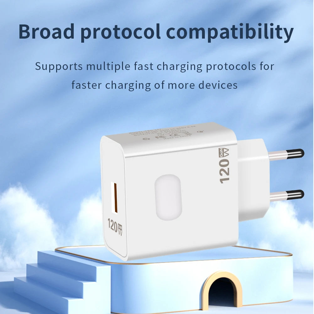 120W GaN USB Fast Charger with Type-C Cable – Quick Charge 3.0 Adapter for iPhone, Samsung, Xiaomi, Huawei